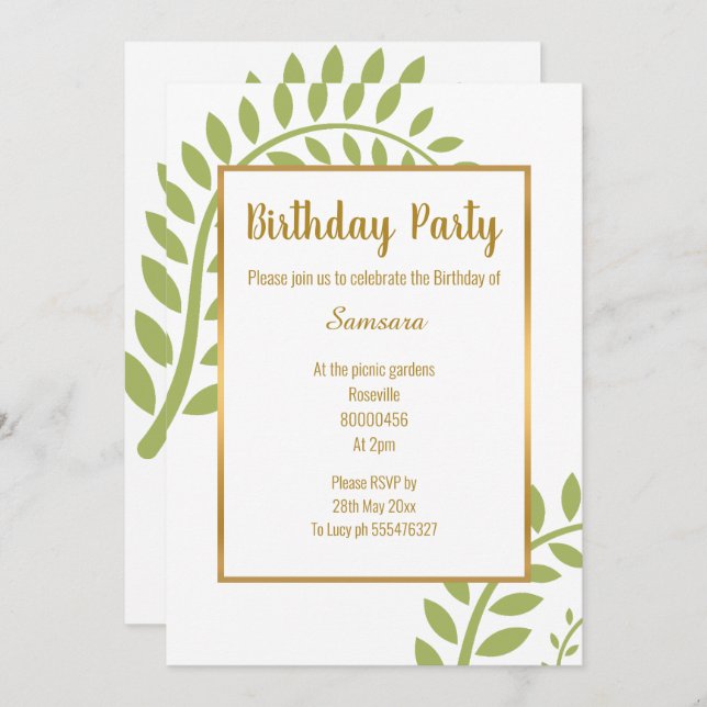 CONVITE ANIVERSÁRIO BRANCO DE FERN BOTÂNICO VERDE MODERNO (Frente/Verso)