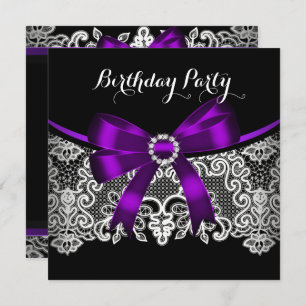 Convite Aniversário branco do Arco Roxo Elegante  Negro