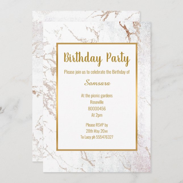 Convite ANIVERSÁRIO Branco Rosa Dourado Duplo Lado (Frente/Verso)