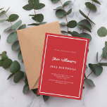 Convite Aniversário branco vermelho<br><div class="desc">Um moderno,  elegante e convite. Um fundo vermelho decorado com uma armação branca. Personalize e adicione um nome e detalhes. Texto branco.</div>