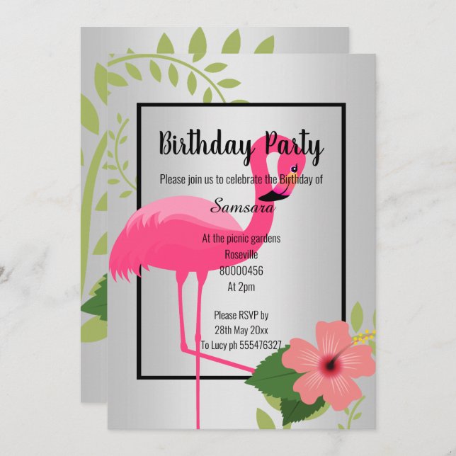 CONVITE ANIVERSÁRIO BRIGHT FLAMINGO HIBISCUS SILVER BLACK (Frente/Verso)