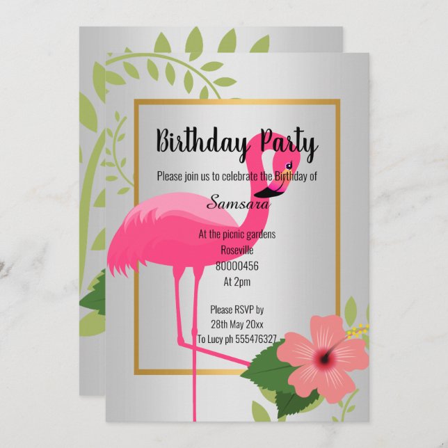 CONVITE ANIVERSÁRIO BRIGHT FLAMINGO HIBISCUS SILVER DOURAD (Frente/Verso)