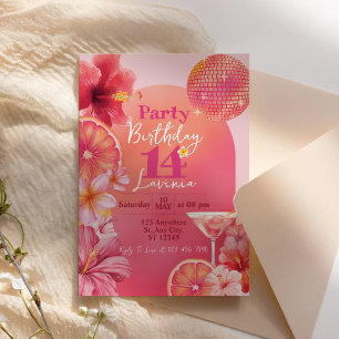 Convite Aniversário Brilho Disco Tropical Citrino Rosa Vib