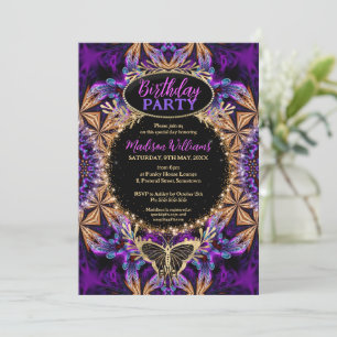 Convite Aniversário Brilho Rosa Roxo Boêmio Batik