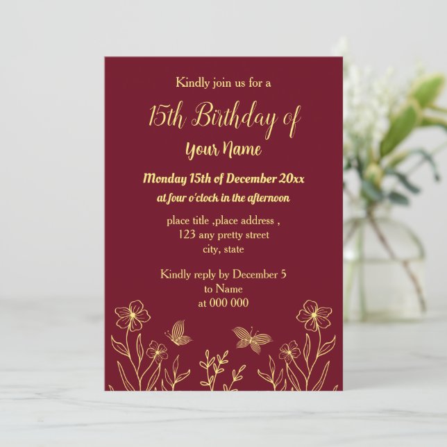 Convite Aniversário burgundy de borboletas de ouro simples (Em pé/Frente)