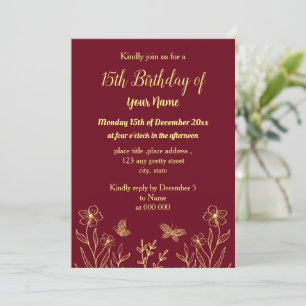 Convite Aniversário burgundy de borboletas de ouro simples
