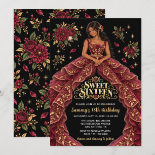 Convite Aniversário Burgundy Gold Floral Sweet Sixteen