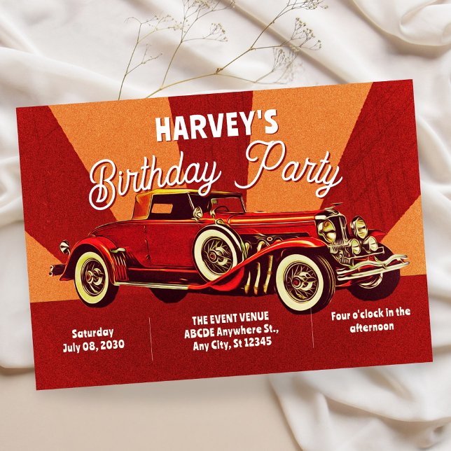 Convite Aniversário carro clássico retro vermelho (Criador carregado)