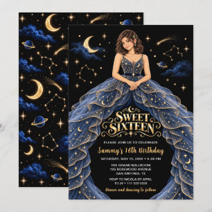 Convite Aniversário Celestial Blue Gold Sweet Sixteen