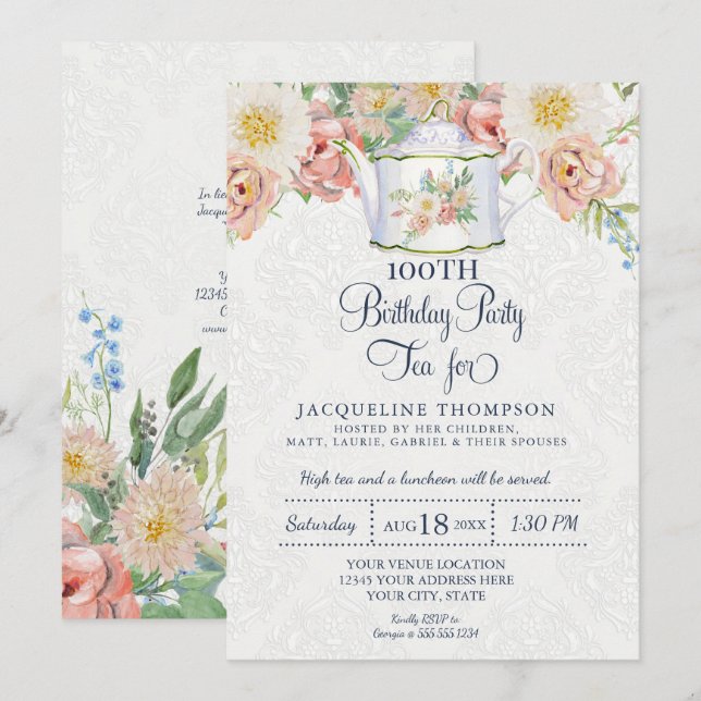 Convite Aniversário Chá Dusty Chapoeira de Arte Floral Ros (Frente/Verso)