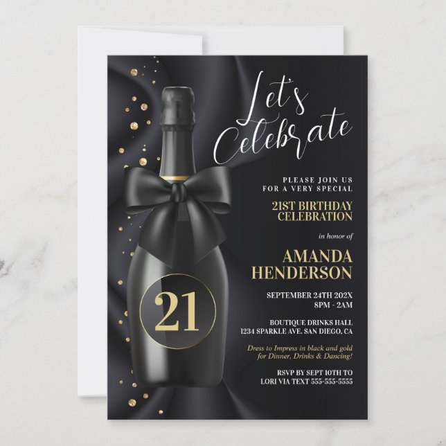 Convite Aniversário Champanhe Preto e Dourado (Frente)
