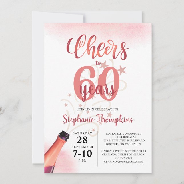Convite Aniversário CHEERS PARA # ANOS Rosa Dourado Script (Frente)