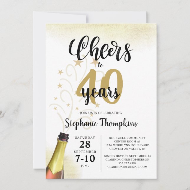 Convite Aniversário CHEERS PARA # ANOS Script Dourado Pret (Frente)