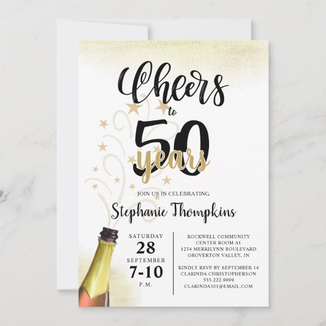 Convite Aniversário CHEERS PARA # ANOS Script Dourado Pret (Frente)