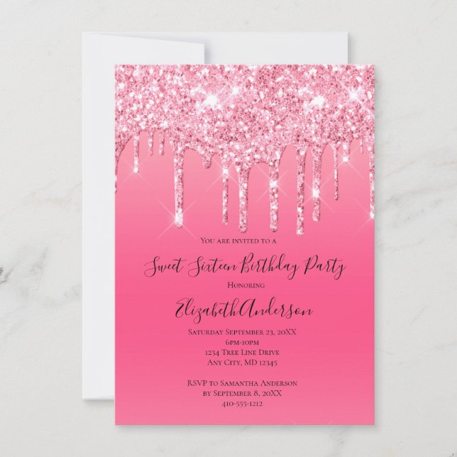 Convite Aniversário Chic Glitter Cor-de-Rosa Tendência Fem (Frente)