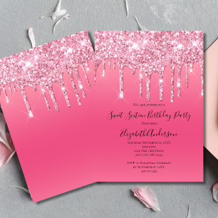 Convite Aniversário Chic Glitter Cor-de-Rosa Tendência Fem