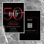 Convite Aniversário Cinquenta Moderno Minimal Vermelho QR<br><div class="desc">Moderno e sofisticado,  este convite de aniversário combina preto e branco clássicos com destaques de vermelho brilhante. Seu design minimalista é simples e divertido para celebrar o aniversário marcante. A parte traseira possui uma área para um código QR para resposta de RSVP. Criado por Simply Farmhouse Press.</div>