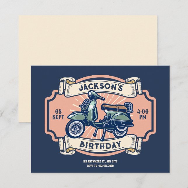 Convite Aniversário clássico do retro de motociclo (Frente/Verso)