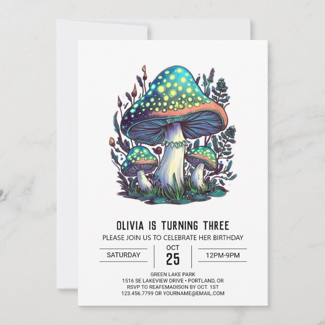 Convite Aniversário Colorido de Cogumelos Digitais Woodlan (Frente)