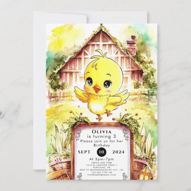 Convite Aniversário Colorido de Galinha Fazenda (Frente)