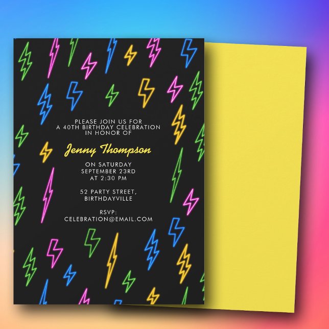Convite Aniversário Colorido do Retro Neon Lightning (Colorful 80's Retro Neon Lightning Birthday Invitation)