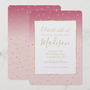 Convite Aniversário com Corações Dourados e Blush Rosa Omb