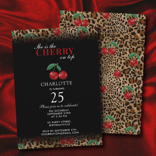 Convite Aniversário com Estampa de Leopardo e Guepardo Cer (Leopard Cheetah Print Cherry On Top Birthday Invitation)