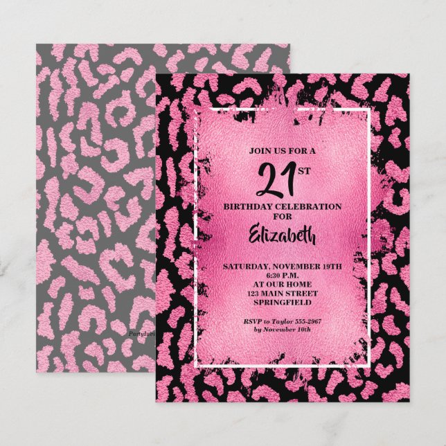 Convite Aniversário com Estampa de Leopardo Rosa e Preto C (Frente/Verso)