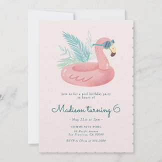 Convite Aniversário com Flutuador de Piscina Flamingo Rosa