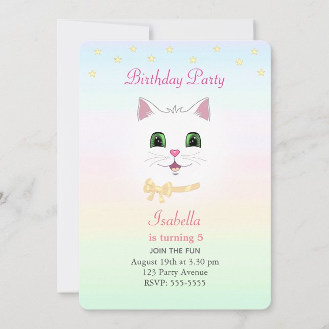 Convite Aniversário com Gato & Estrelas em Cores Pastel (Frente)