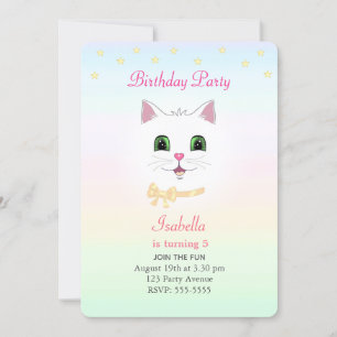 Convite Aniversário com Gato & Estrelas em Cores Pastel