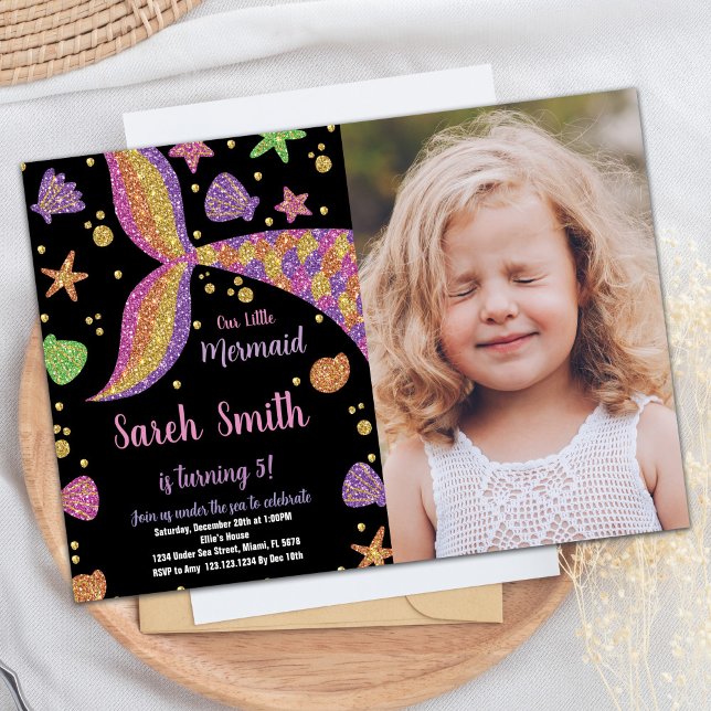 Convite Aniversário com Púrpura e Dourada da Sereia da Ser (Purple Gold Glitter Mermaid Tail Birthday w Photo Invitation)