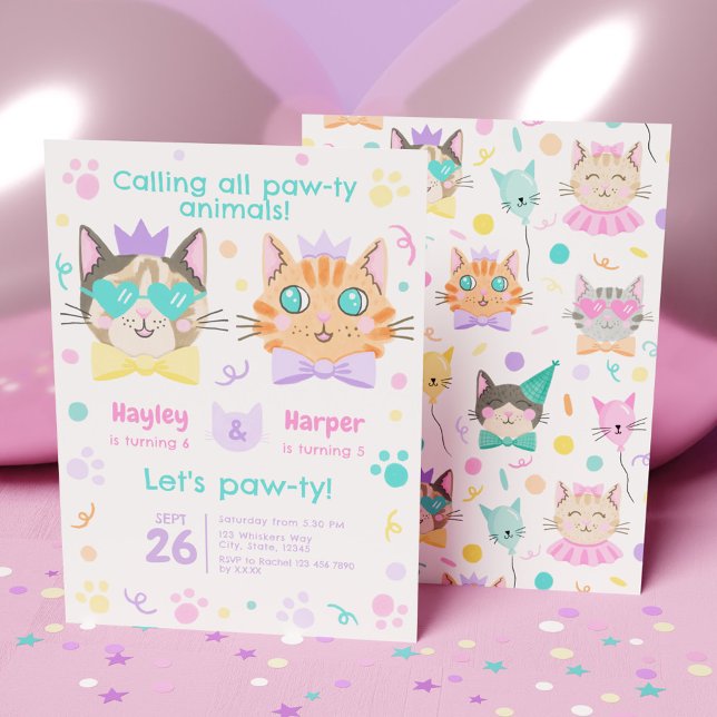 Convite Aniversário combinado de Gatinho de Celebração Dup (Double Celebration Cute Kitty Combined Birthday Invitation)
