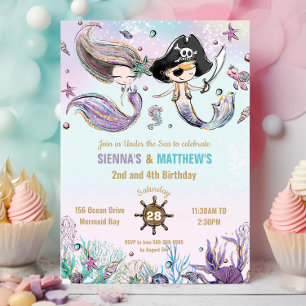 Convite Aniversário comum das Sereias e Piratas Gêmeos