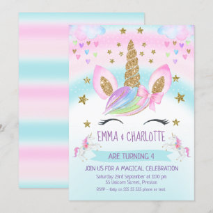 Convite Aniversário comum do Unicórn Rainbow Twins Doura