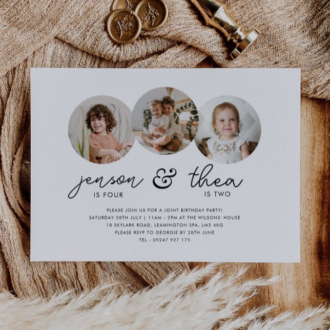 Convite Aniversário conjunto 3 Fotos redondas (Zazzle Joint Birthday 3 Round Photos Invitation)