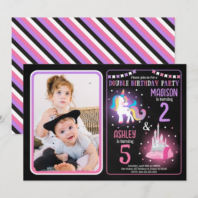 Convite Aniversário Conjunto da Princesa Unicórnio Meninas (Frente/Verso)