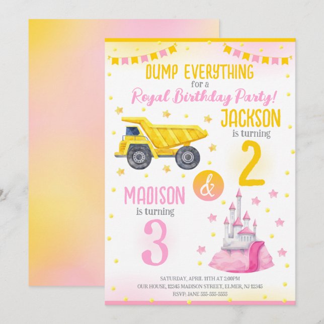 Convite Aniversário Conjunto de Construção e Princesa Irmã (Frente/Verso)