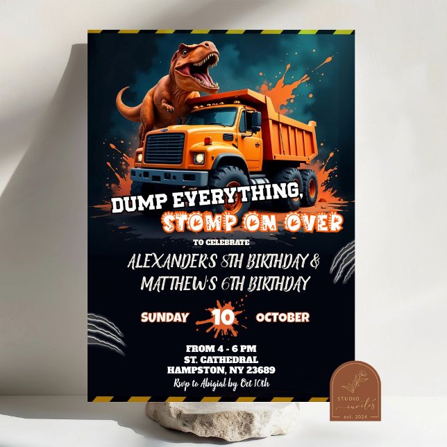 Convite Aniversário Conjunto de Dinossauro e Caminhão de E (Criador carregado)