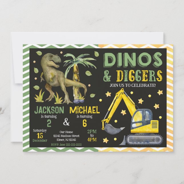 Convite Aniversário Conjunto de Dinossauro e Construção (Frente)