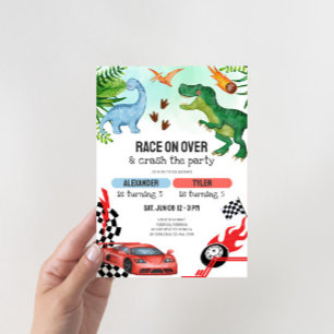 Convite Aniversário Conjunto de Dinossauros e Carros de Co