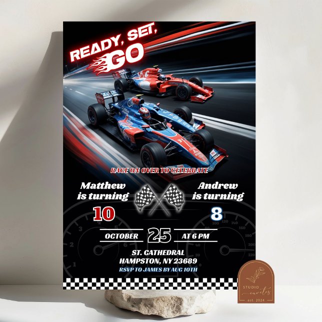 Convite Aniversário Conjunto de Dois Carros de Corrida F1 (Criador carregado)