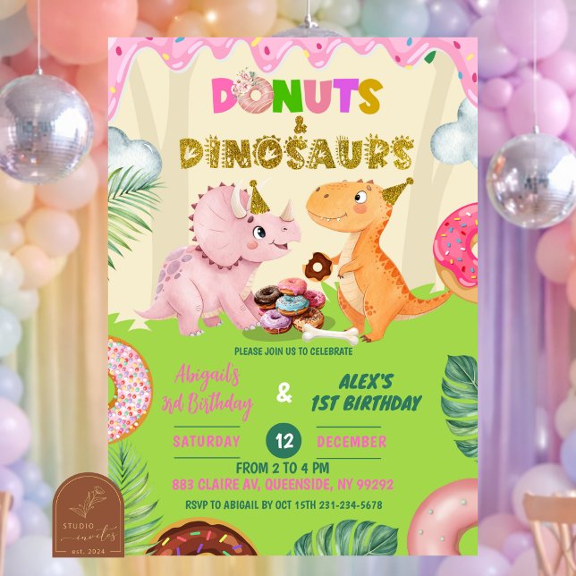 Convite Aniversário Conjunto de Irmãos - Donut Doce Rosa & (Criador carregado)