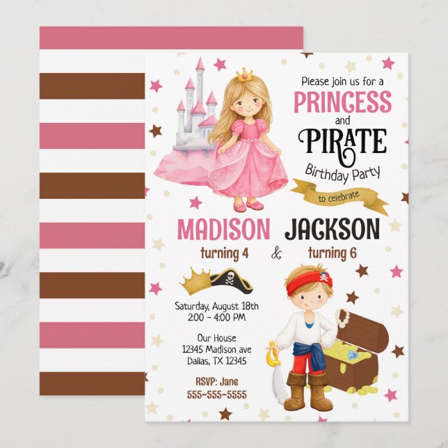 Convite Aniversário Conjunto de Irmãos Filhos de Princesa  (Frente/Verso)
