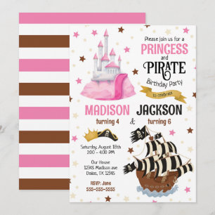 Convite Aniversário Conjunto de Irmãos Pirata e Princesa