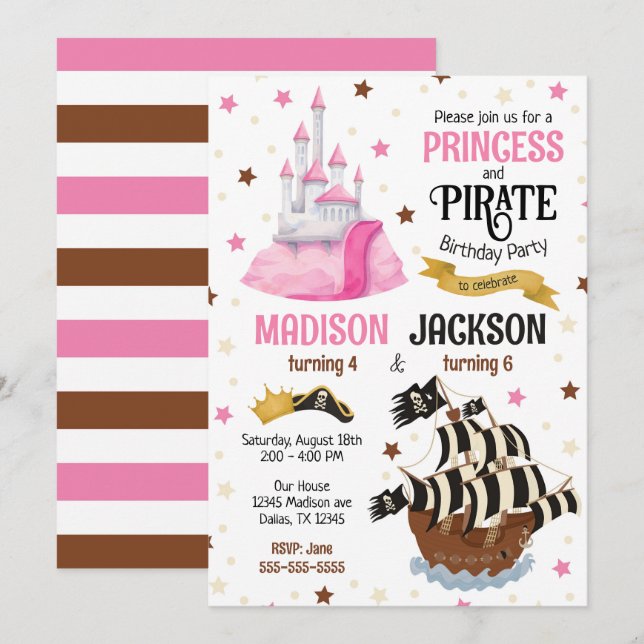 Convite Aniversário Conjunto de Irmãos Pirata e Princesa (Frente/Verso)