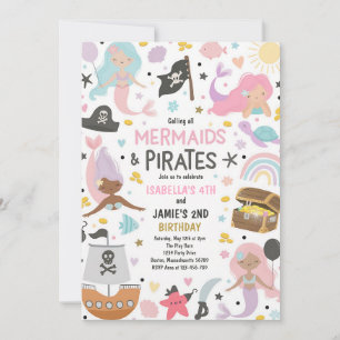 Convite Aniversário Conjunto de Irmãos Pirata e Sereia