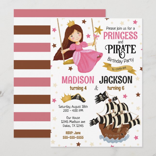 Convite Aniversário Conjunto de Irmãos Princesa e Pirata  (Frente/Verso)