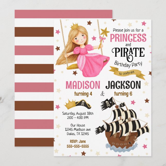 Convite Aniversário Conjunto de Irmãos Princesa e Pirata  (Frente/Verso)
