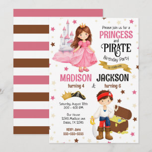 Convite Aniversário Conjunto de Irmãos Princesa e Pirata K